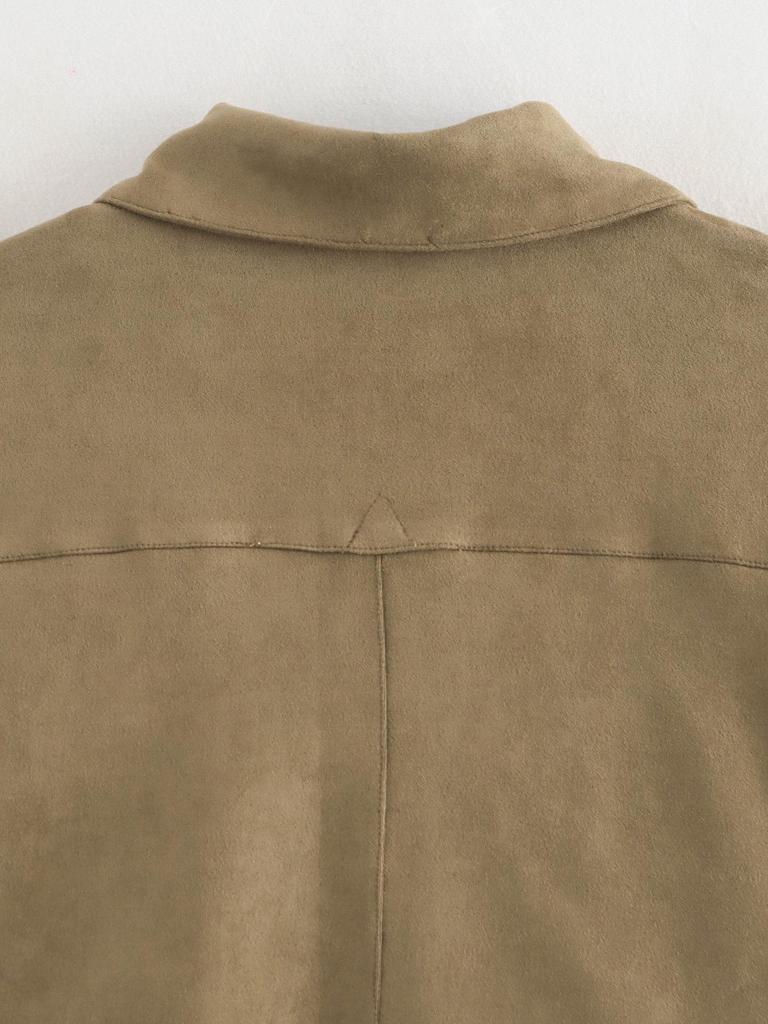 Women's Suede Pocket Jacket with Turn-Down Collar - 2024 Autumn Casual European & American Style