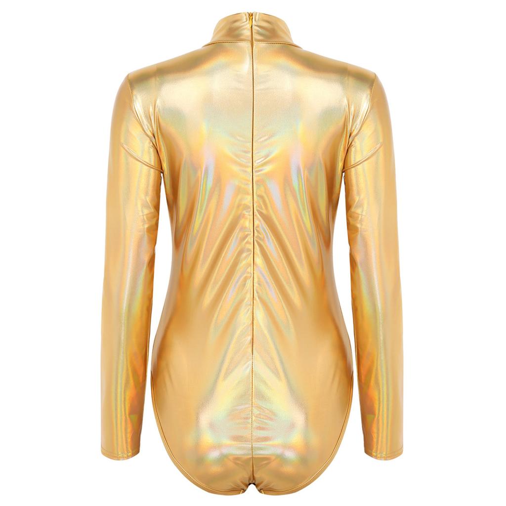 Womens One-piece Shiny Metallic Long Sleeves Gymnastic Dance Leotard Athletic Bodysuit