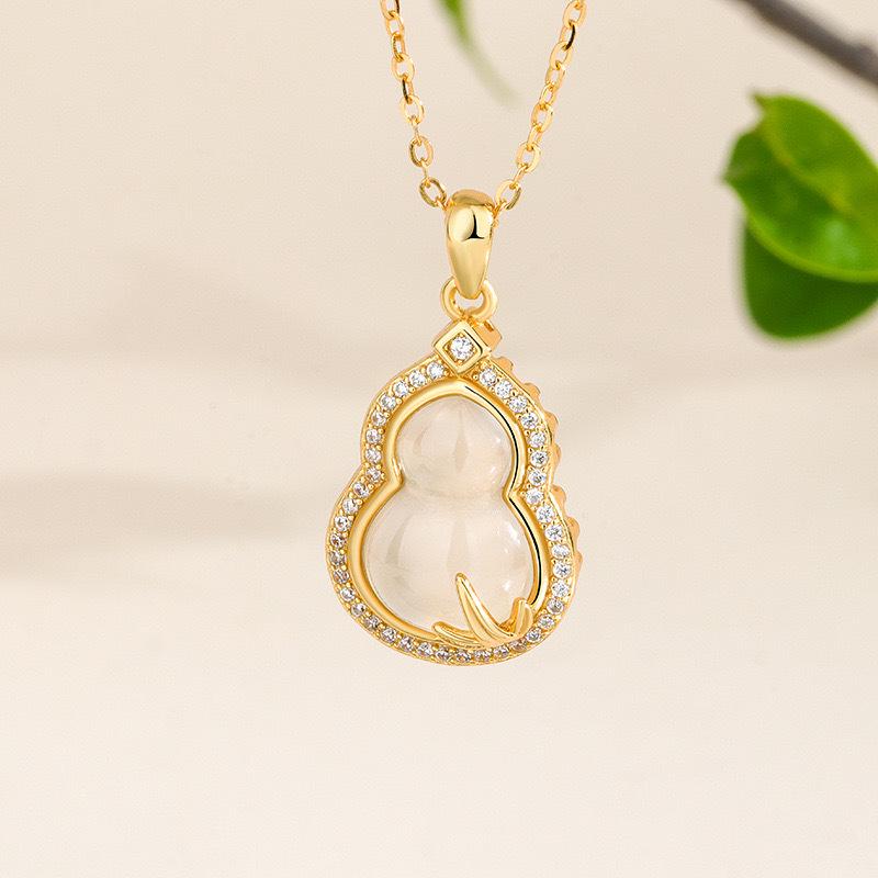 S925 Chalcedony Gourd Necklace - Chinese Style Jade Pendant for Women