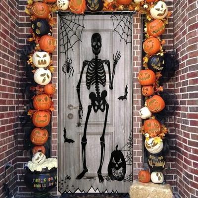 Halloweenská kostra dveřní závěs Halloweenský netopýr okenní závěs Černý krajkový dveřní panel Strašidelná gotická dekorace pro strašidelnou párty Domácí dekorace