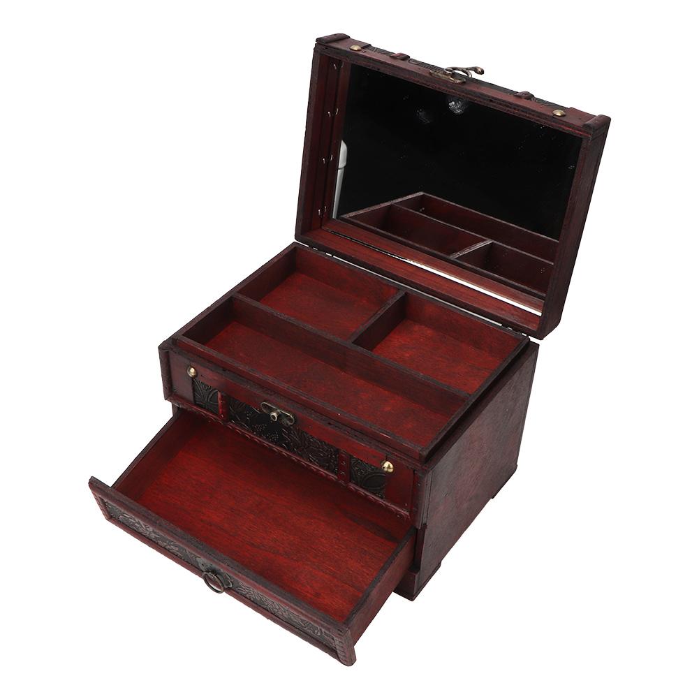 Vintage Wooden Jewelry Box Case Holder Necklace Earrings Storage Box Organizer with Mirror