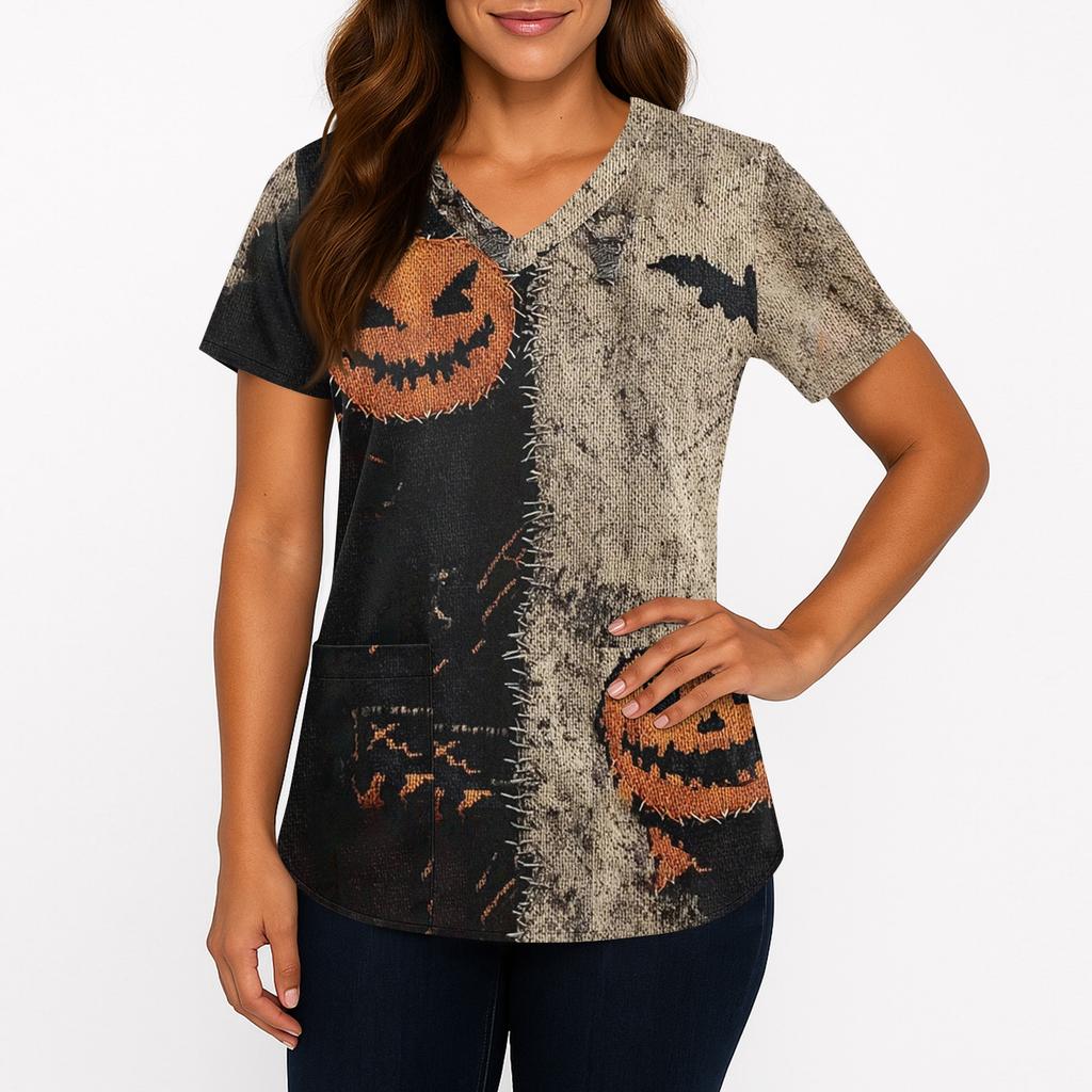 Women's Printing Uniform Work Uniform V-neck Pockets Basic Short Sleeve Pullover Top