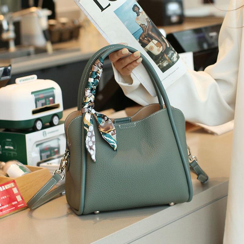

Female genuine cow leather bag for women bag blue Handbag New Crossbody Bucket Bag luxury Shoulder bag tote bag medium 24x13x21cm зелёный