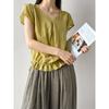 Tachibana Summer New Korean V-neck Drawstring Short-sleeved Top Women's Versatile Ramie Shirt Short-sleeved 1161