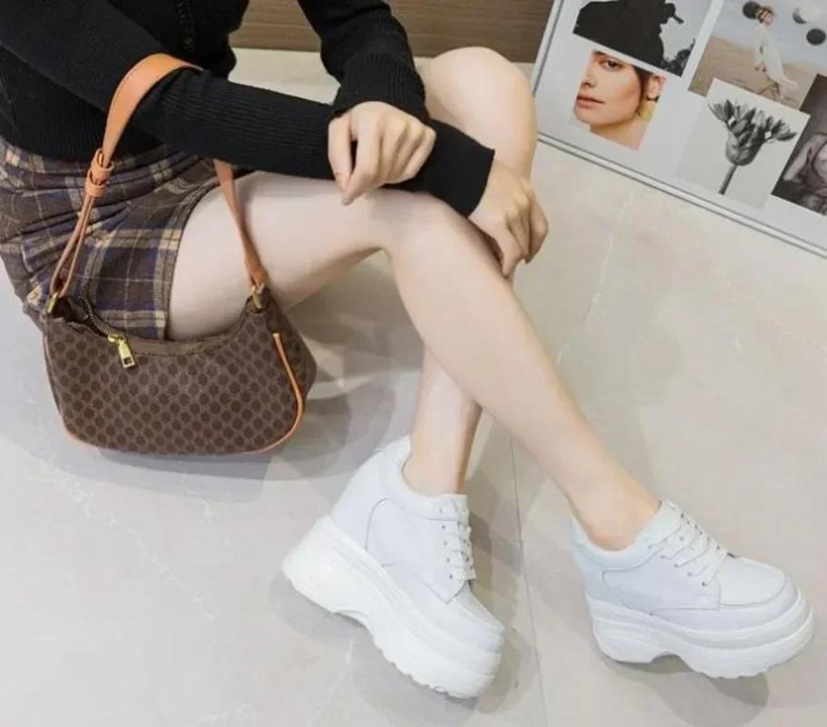 Fashion New Women Sneakers Genuine Leather Casual Platform Trainers Black Shoe 11CM Heels Autumn Wedges Woman Height Increasing Shoes