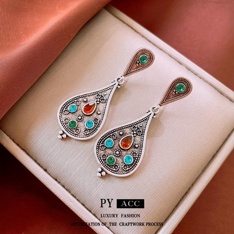 

Bohemian Retro Silver Needle Zircon Water Drop Ethnic Style Stud Earrings