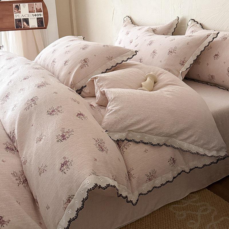 French Retro Jacquard Linen Bedding Set with Cotton Lace Trim - Luxury Princess Style
