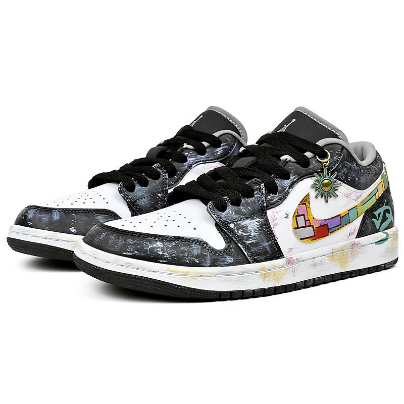 Jordan Air Jordan 1 Slip Resistant Abrasion Resistant Low Top Vintage Basketball Shoes Unisex Black White Yellow 553558-040(Team1676-S-BOX)