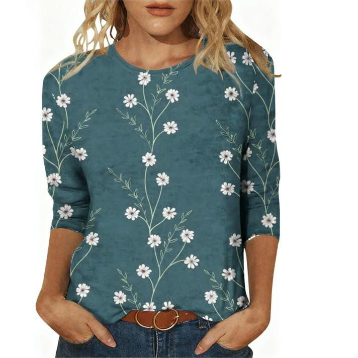 Kevadised ja sügisesed ümara kaelusega 3D lilledega trükitud topid, moekad vabaaja pikkade varrukatega naiste T-särgid