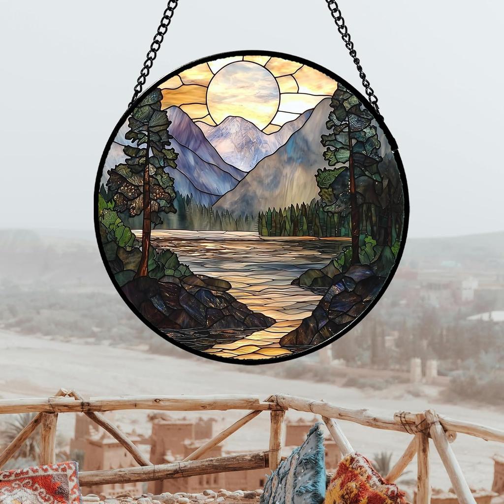 Stained Glass Window Hanging, Sunset Mountains Lake Tree Sun Catcher for Window Home Decor Landscape Suncatcher Mother's Day Birthday Gifts 7.8 in