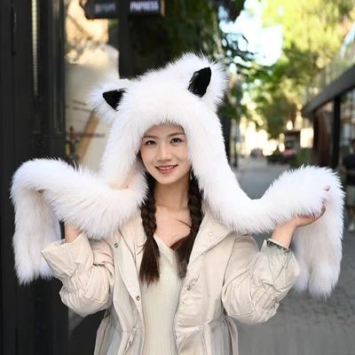 Milliner Winter New Imitation Fox Fur Scarf Hat Integrated Hooded Warm Ear Protector Hat Thickened Plush Hat Cute Hat