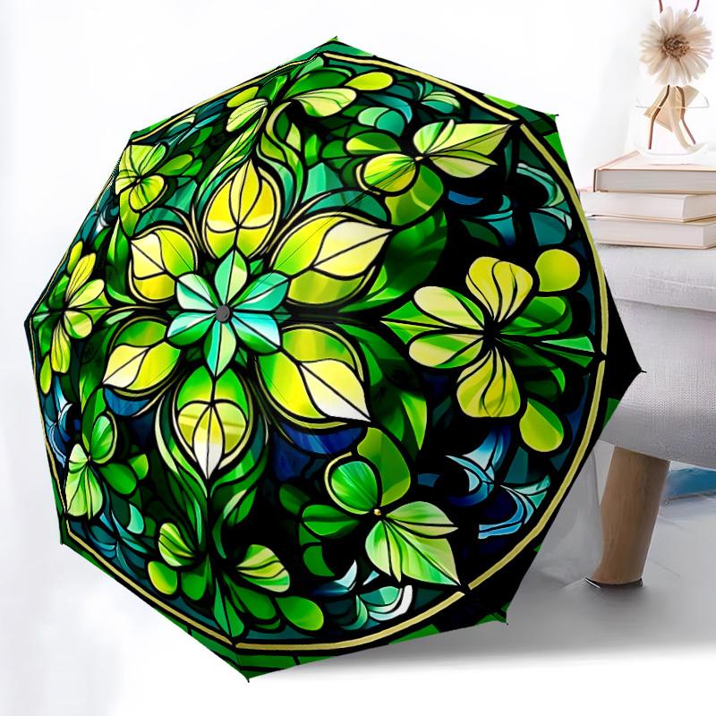 1pc Stained Glass Clover Automatic Folding Umbrella - 8-Rib Compact Travel Umbrella Durable & Portable for Outdoor Use, Perfect Gift for Birthdays127