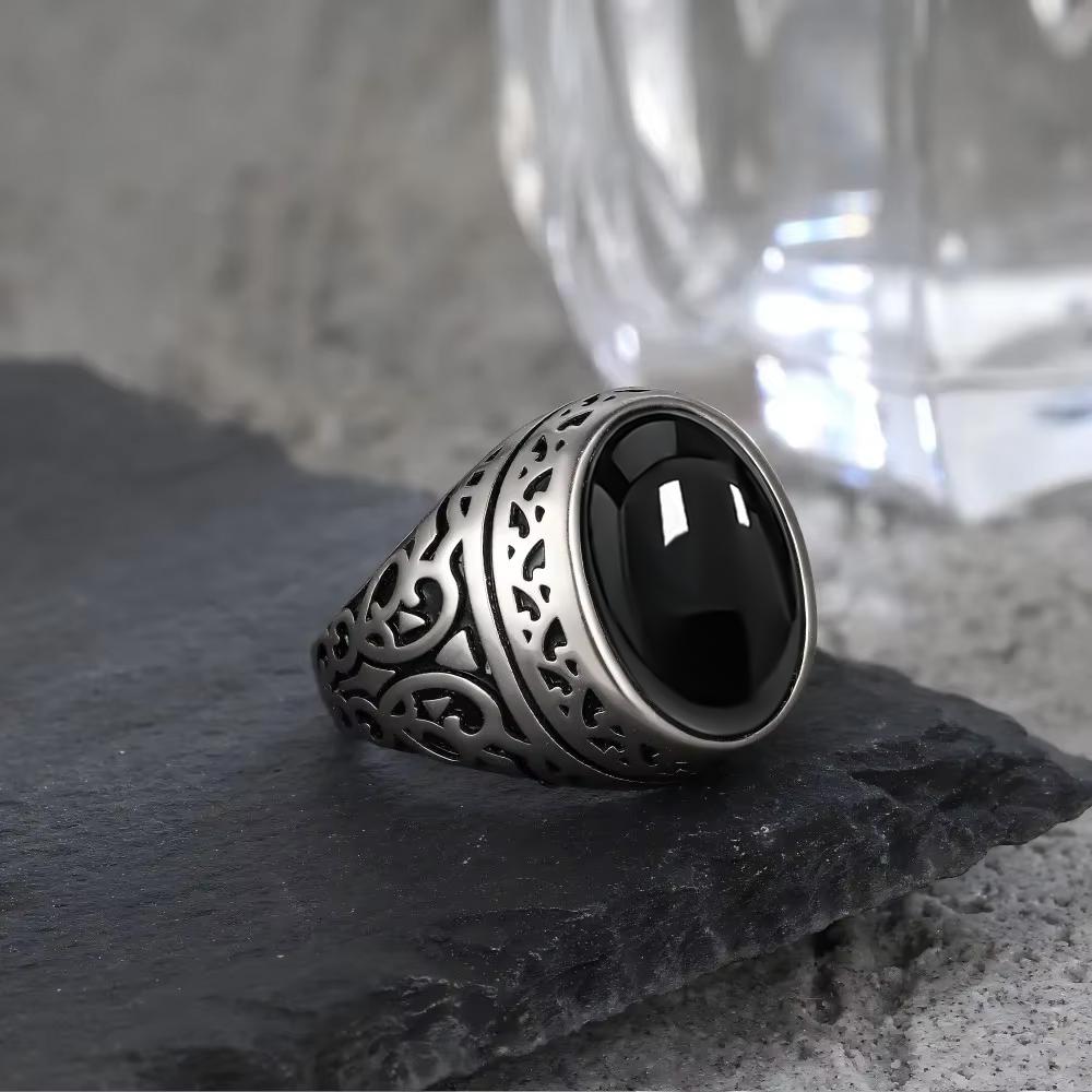 Vintage Sterling Silver 925 Ring with Large Natural Black Onyx Stone 10*14MM Oval Shape Fine Party Jewelry for Men.
