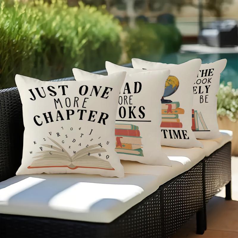 4Pcs Set, Reading-Themed Pillow Covers With Book Patterns And Slogans, 2D Single-Sided Print, Multiple Sizes, Zipper Closure, Ea