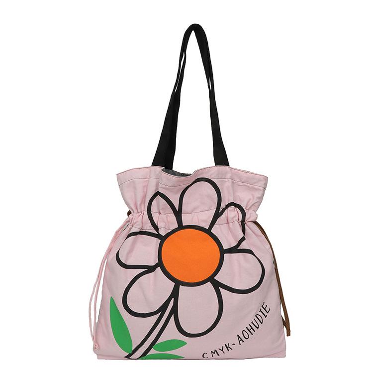 Floral Print Canvas Shoulder Handbag: Trendy Pleated Drawstring Design for Women