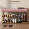 Bench and Shoe Storage, Tufted Shoe Storage Bench with Velvet Seat Cushion Gold Steel Frame for Entryway, Pink