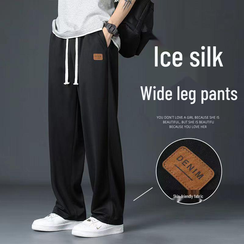 Men's Summer Loose Straight-Leg Wide-Leg Sports Casual Thin Ice Silk Black Pants