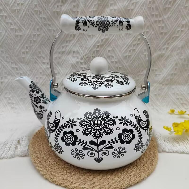 2.5 Quart Vintage Enamel Tea Kettle Green Floral Enamel on Steel Teapot with Handle for Stovetop Home Afternoon Tea Set Kettle