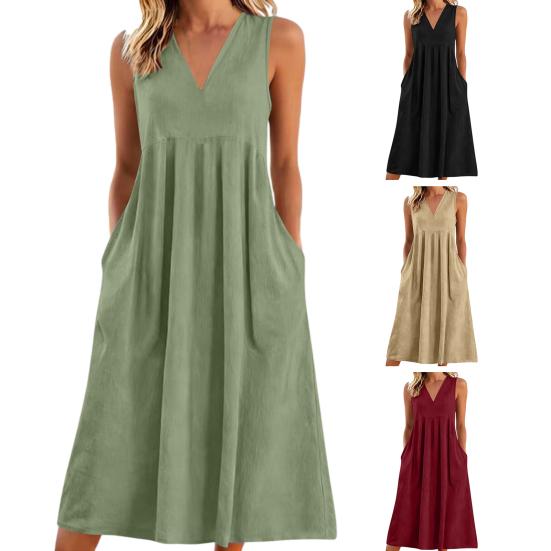 Rochie casual de vară din in pentru femei, fără mâneci, cu decolteu în V, rochie de soare lejeră, croială A, tip maiou, midi, cu buzunar