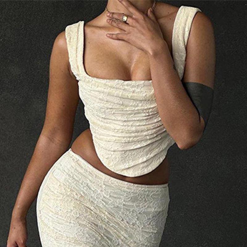 Women's Strapless Sleeveless Lace Cropped Top High Waist Fishtail Maxi Skirt 2-Piece Set
