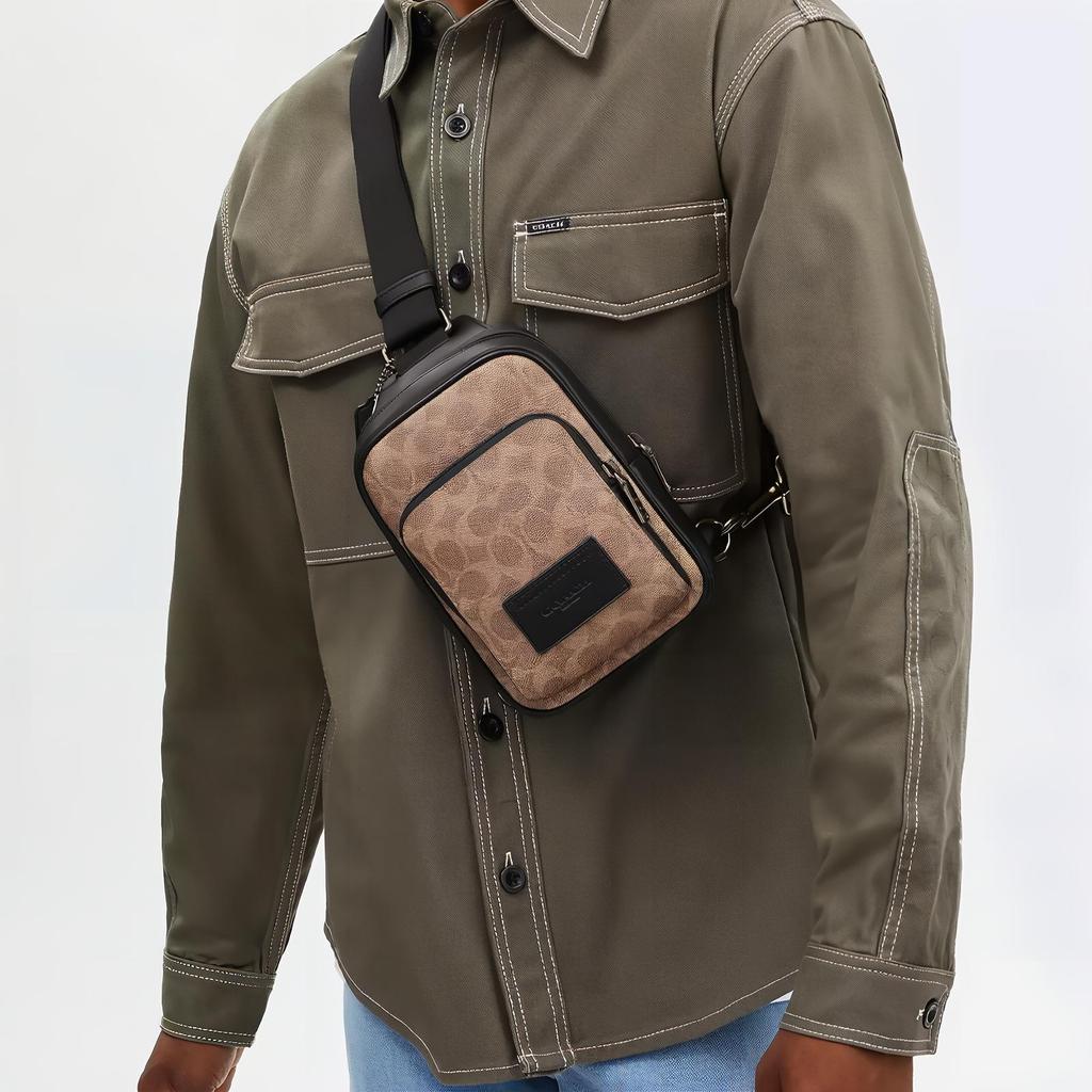 Coach Men's Signature Canvas Sling Pack Crossbody Bag Leather Trim Chest Bag For Daily Commuting Travel CV763-QBNRX
