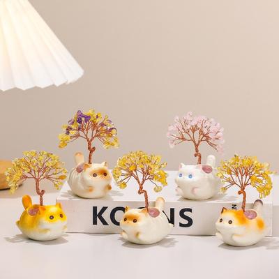 Cartoon-Tier Natürlicher Gelber Kristall Geldbaum-Ornament Niedliche Katze Büro Schreibtisch Dekoration Geschenk