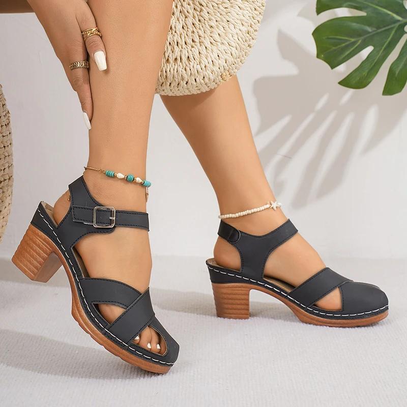 Closed Toe Thick High Heel Sandals Women Summer Ankle Buckle Beach Sandles Woman Plus Size Anti-Slip Platform Sandalias De Mujer