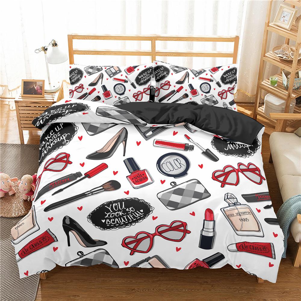 Makeup Lipstick Duvet Cover Set Cosmetic Pink Theme Polyester Comforter Cover for Girls Women Couple Bedding Set King Queen Size