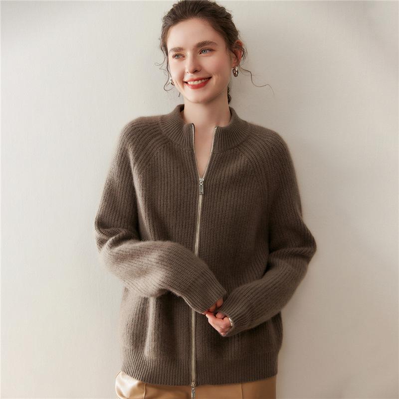 Women's Thick Striped Knit Cashmere Cardigan, Half-High Collar, Long Sleeve, Loose Fit, Slimming Outerwear for Autumn and Winter
