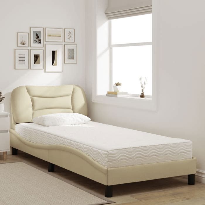 VidaXL Bed with Mattress Cream 90x200 Cm Fabric, Bedroom Furniture, Single Bed, Curved Bed Frame, Slatted Base, Bed 3208511
