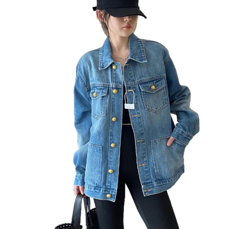 Hong Kong-Style Retro Heavy-Duty Washed Denim Jacket for Women - 2025 Spring/Autumn Collection, Loose Fit & Trendy