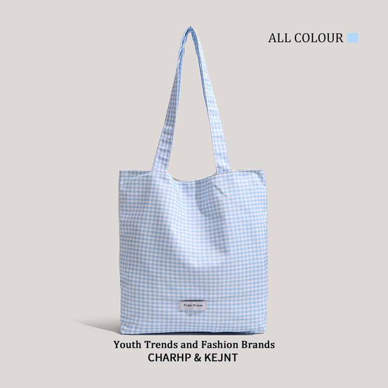 

Large Capacity Canvas Bag Plaid Student Commuter Versatile Shoulder Bag Shopping Bag синий