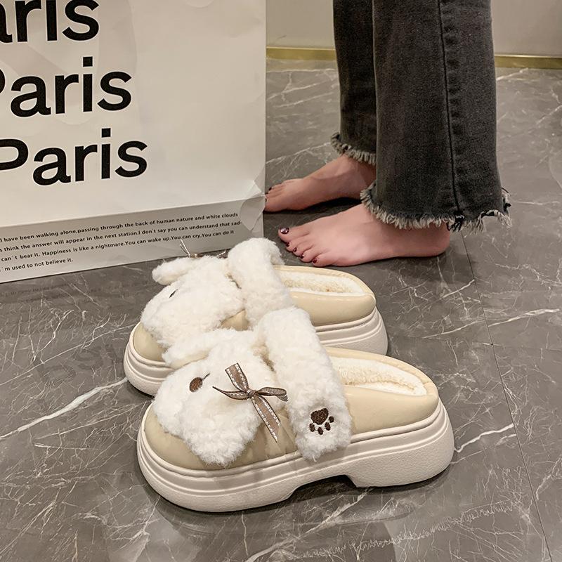 Fashion Cute Short Plush Cartoon Puppy Indoor Slippers Women Winter Warm Faux Fur Cotton Slides Comfortable Thick Bottom Bedroom Slipper