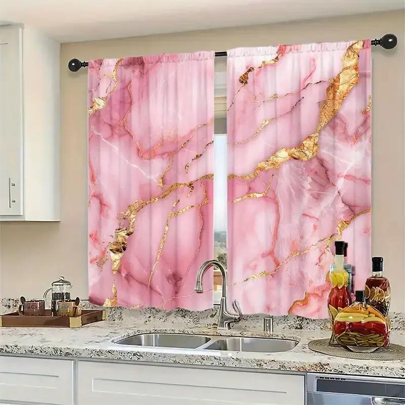 2pcs- Pink Marble-style Patterned Printed Curtains   Window Decorations   Home Decorations   Room Decorations