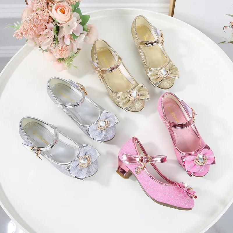 Fairy Kids Leather Shoe Bowtie Elegant Girl Princess Shoes Fashion Sequins Children's Causal Wedding Party High Heel Shoes New