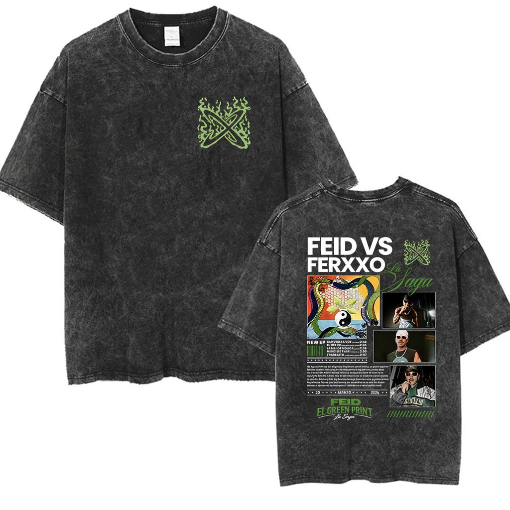 Vintage Washed Feid VS Ferxxo Falxo Tour 2026 Graphic Tshirt Men Women Gothic Fashion High Quality Oversized T Shirt Streetwear