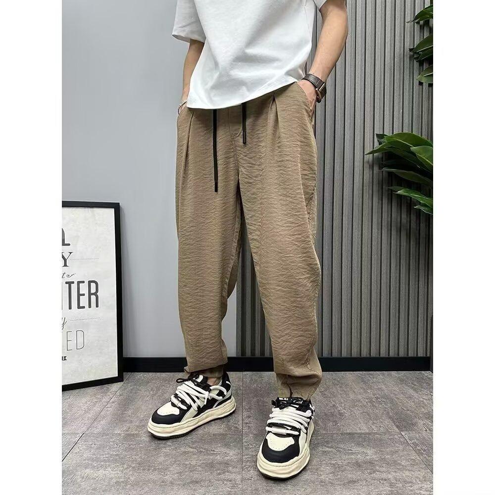 Ice silk casual pants men's 2025 summer new ice-feeling breathable drape trend loose pleated Harlan radish pants