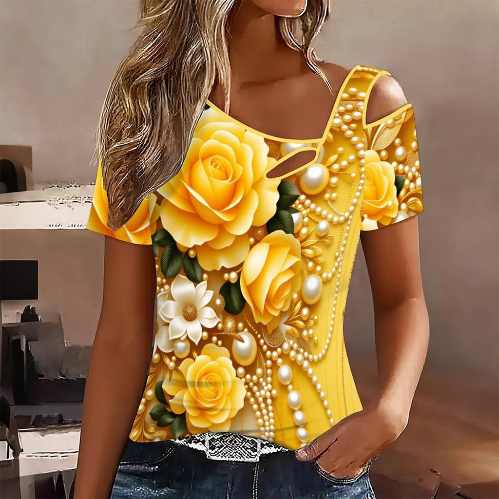 Women Heart-shaped Pattern Print Cold Shoulder Short Sleeve T Shirt Irregular Cutout Neck Casual Summer Blouse Top