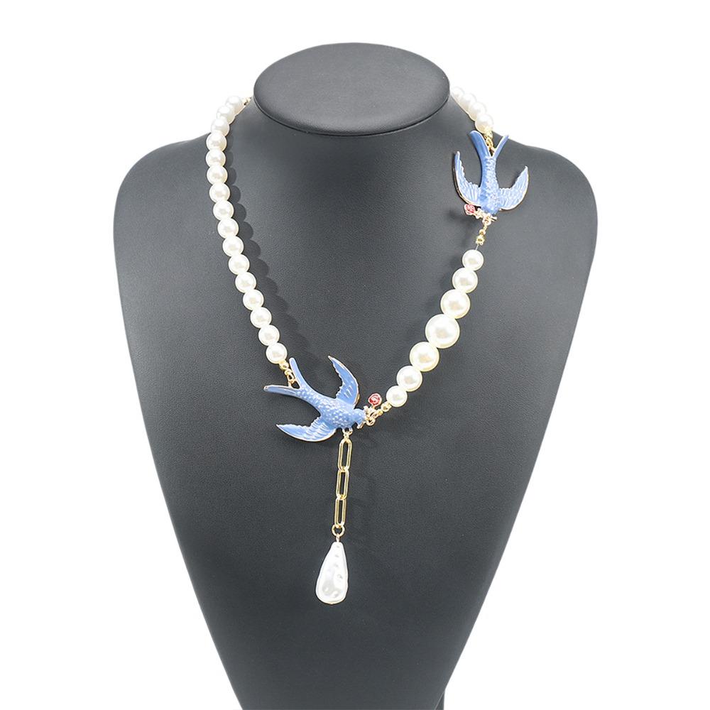 Beads Blue Enamel Swallow Necklace Bird Women's Jewelry Set Luxury Geometric Earrings Evening