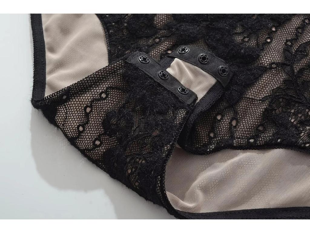 Crocheted Mesh Lace Bodysuit - Slimming Long Sleeve Round Neck Top