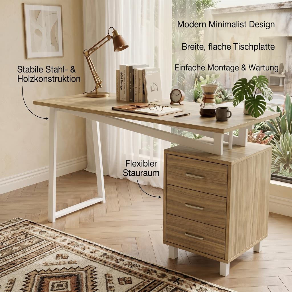 130*55*75cm, Prostorný psací stůl s úložným prostorem, Materiál MDF s vysokou hustotou, Výsuvy zásuvek, Trojúhelníkové podpěry, Snadná montáž a čištění, Přírodní dřevo + Bílá