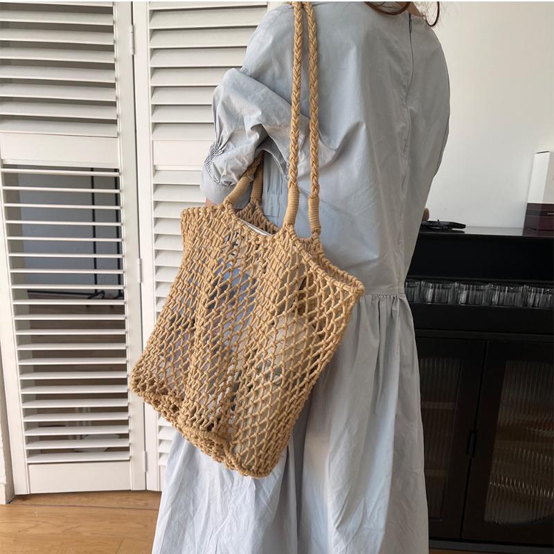 Shoulder Bag, Vacation, Cotton Rope Woven Women's Bag, Lazy, Summer, Hollowed Out, Large Capacity, Hand-held Beach Bag