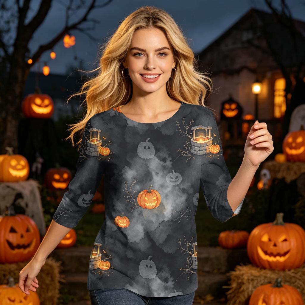 Women's Halloween Print Casual Round Neck -Quarter Sleeve for Holiday Party