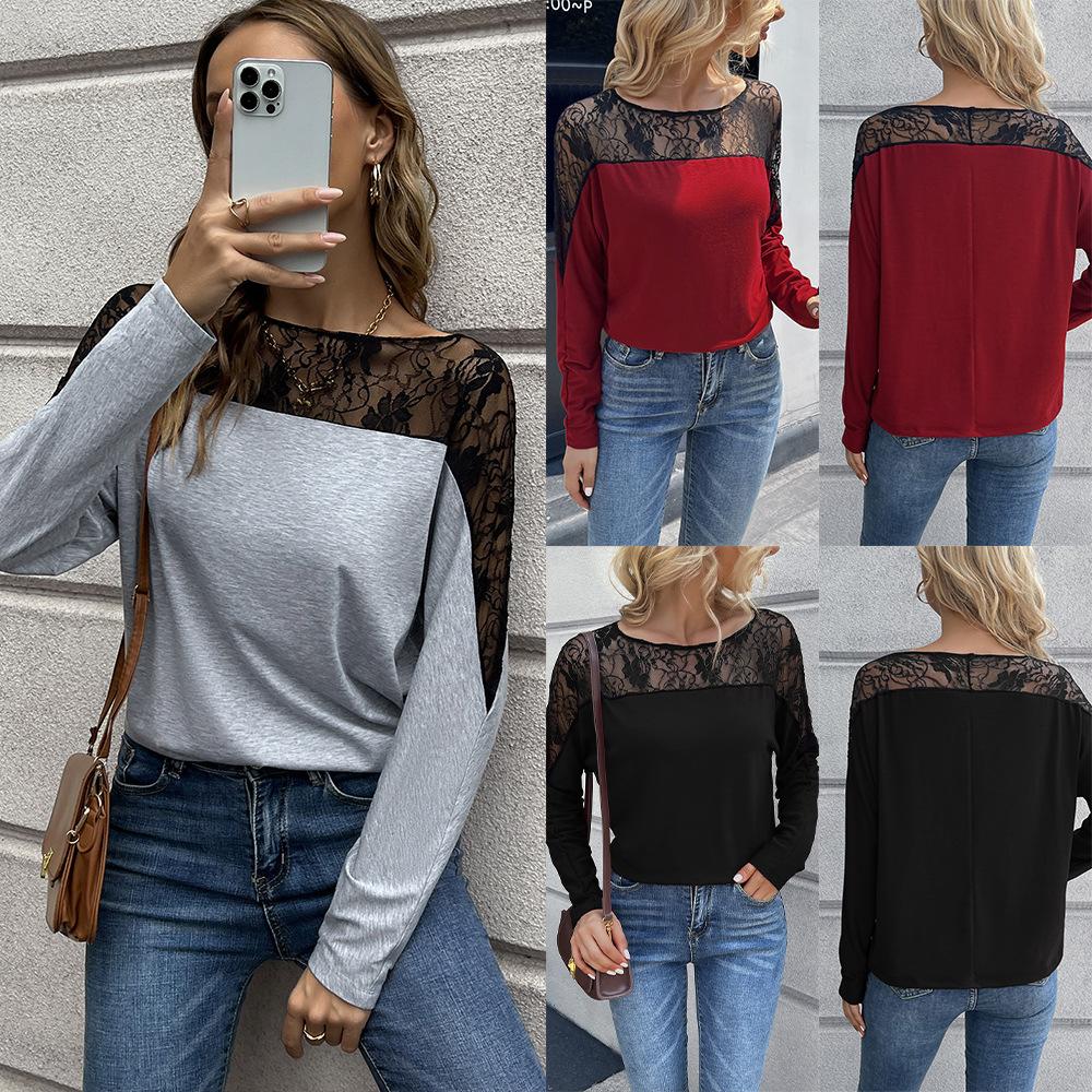 Women's Hollow-Out Lace Trim Sexy Top, Long Sleeve T-Shirt, Casual, Versatile