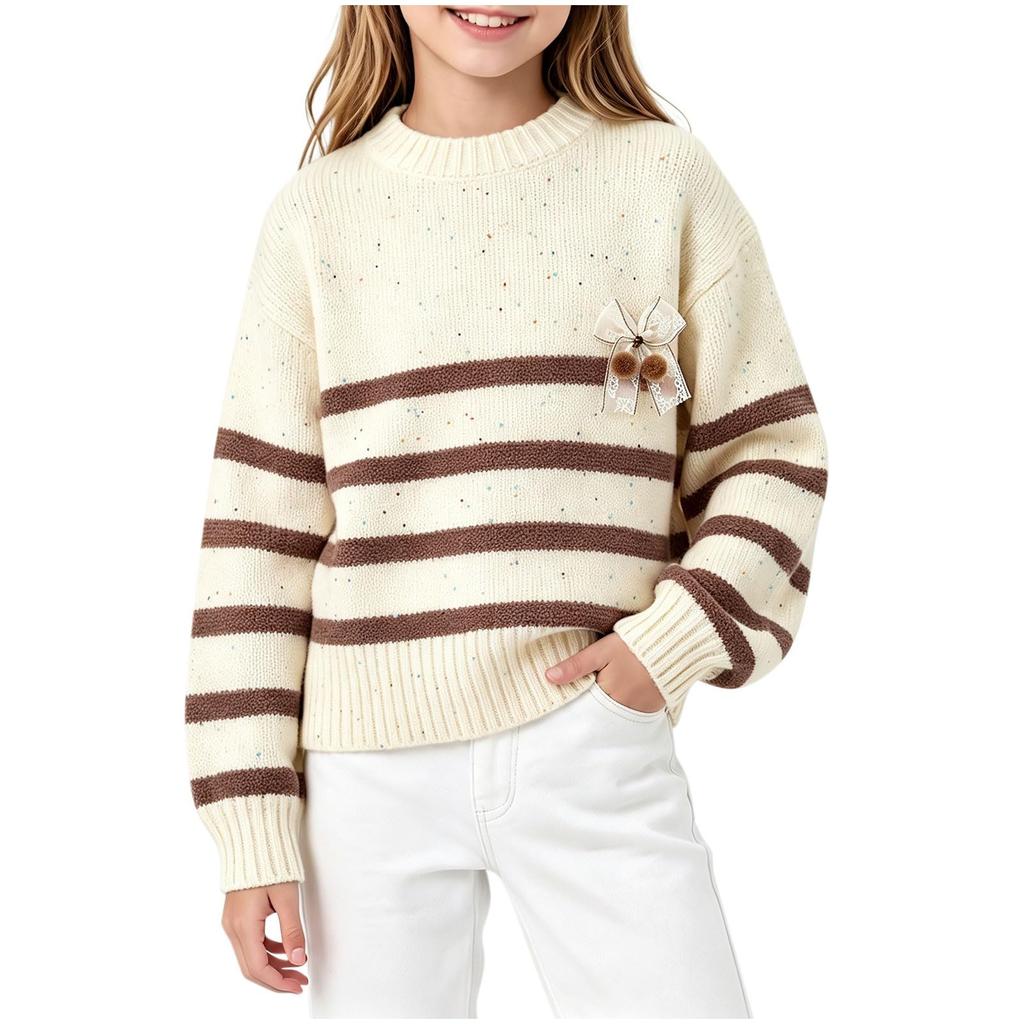 Kids Striped Knit Sweater Round Neck Pullover Top for Casual Everyday Wear