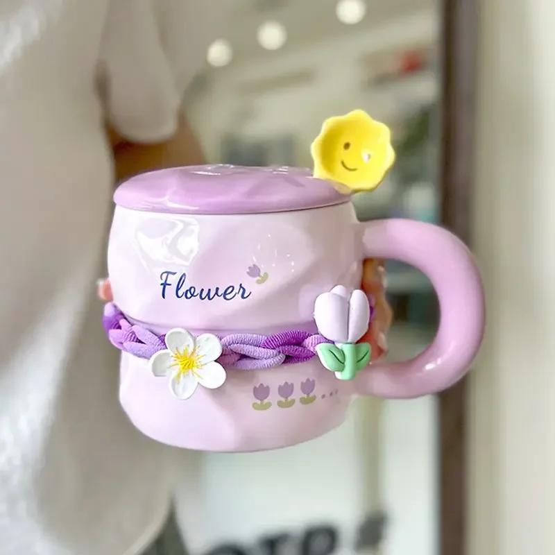 

390ML Hand-Painted Flower Tea Cup Ceramic Mug Lid with Spoon Office Drinkware Cups Tea Coffee Milk Juice Bottle Creative Gift 390ml