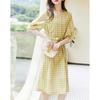 Deme Women's Retro Polka Dot V-Neck Lantern Sleeve Chiffon Midi Dress