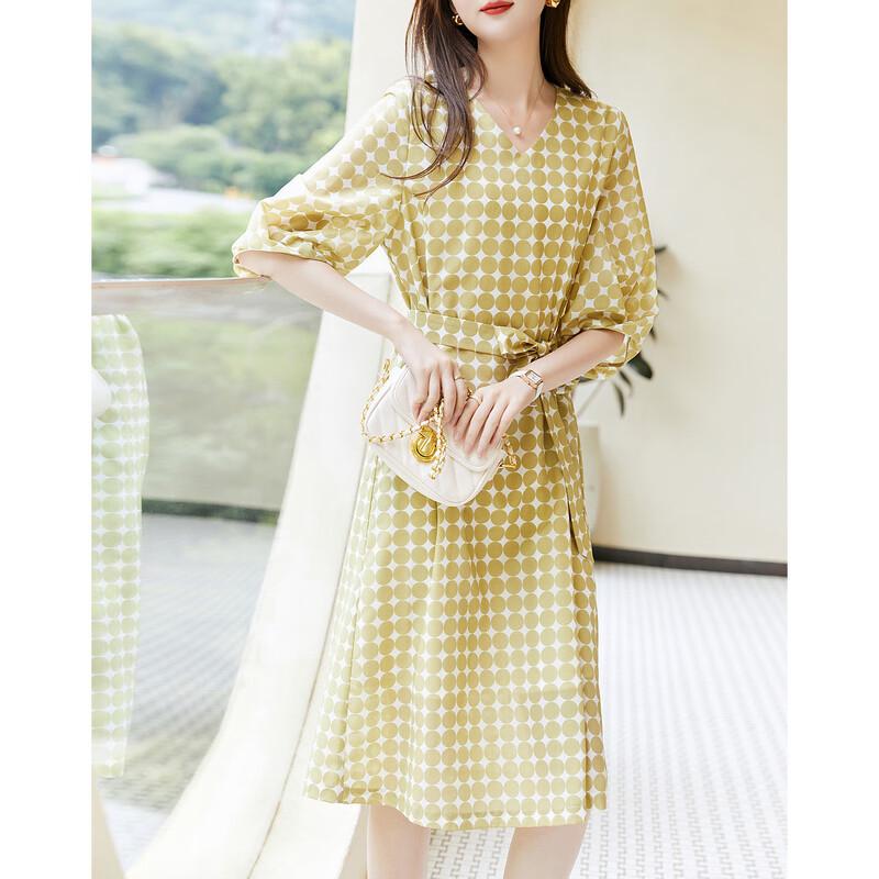 Deme Women's Retro Polka Dot V-Neck Lantern Sleeve Chiffon Midi Dress