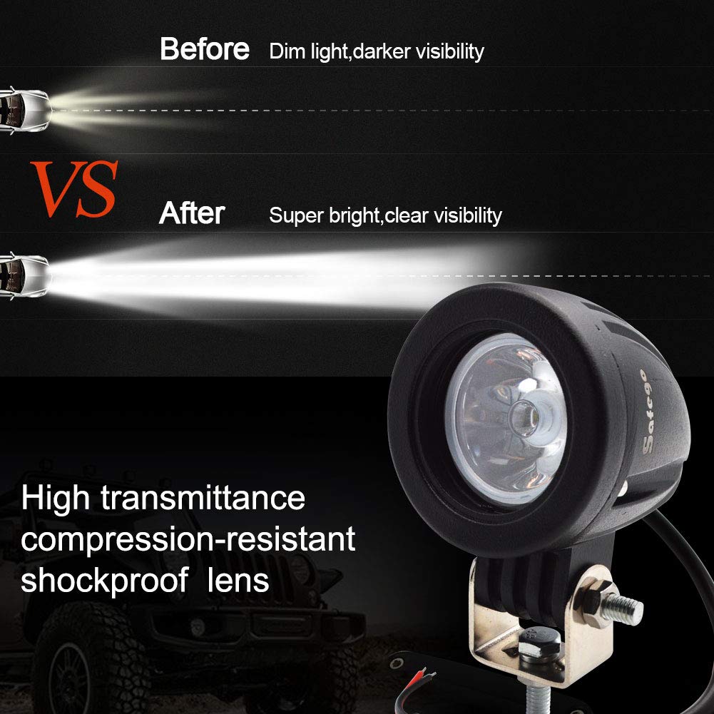 LED Work Light 10W Motorcycle Fog Lamp - 12V/24V Compatible, Compact, Waterproof IP67, Safego, Narrow Beam, Round, White, 6000K, Auxiliary Light, Mini