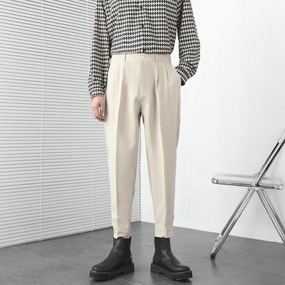 Fashion Men Casual Pants Elastic Waist Small Feet Slim Korean Style Pleated Tapered Male Blazer Pants Trousers Streetwear